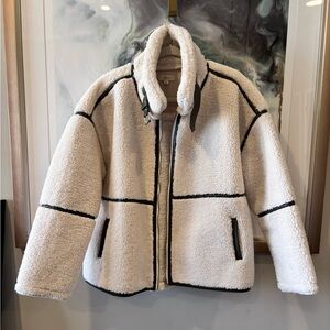 Boutique Sherpa Jacket Cream with Olive Faux Leather Accents Size Medium
